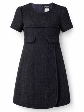 CHANEL Black Purple Lesage Tweed Short Sleeve Faux Wrap Dress‎ French 42 US 10